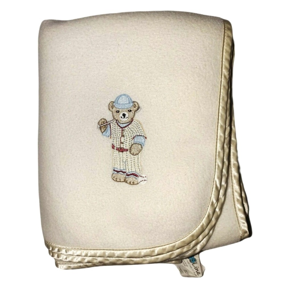 Kids Line Baseball Bear Cream Beige Fleece Baby Blanket Satin‎ Trim HTF 32x42